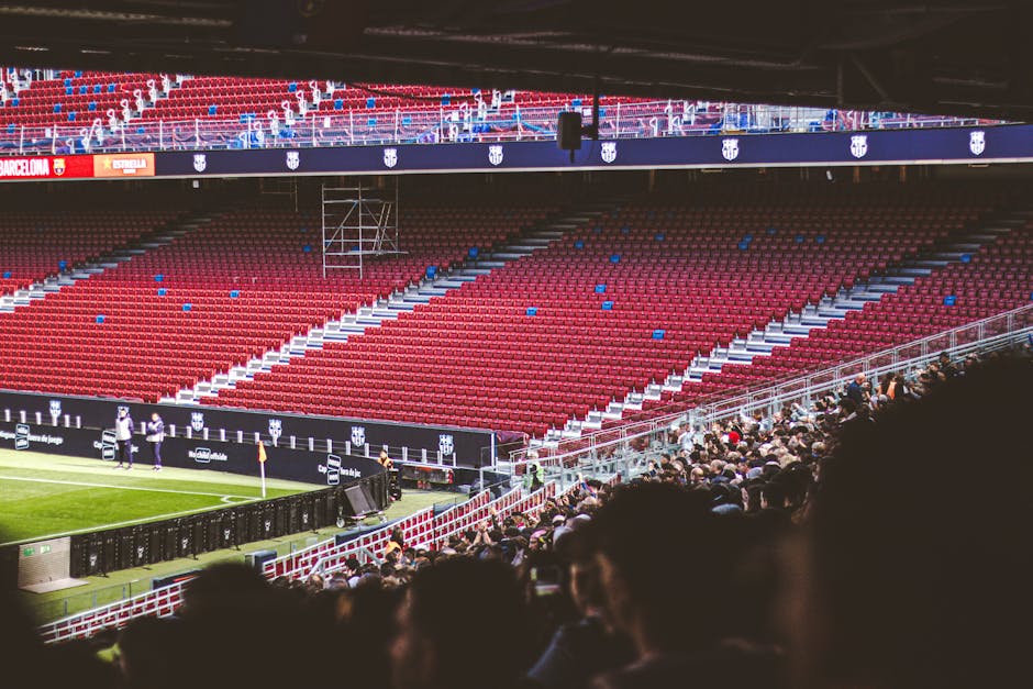 The image shows the interior of Craven Cottage stadium during a match day, with red stadium seats arranged in tiers and a few blue seats scattered among them. The seats are mostly unoccupied, with som