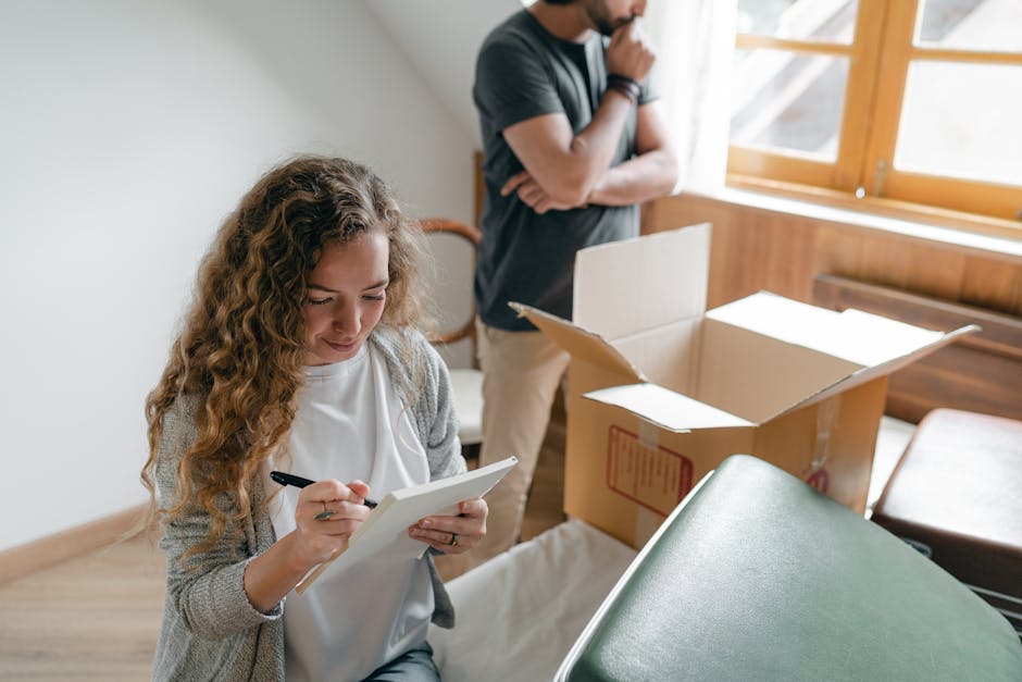 A person wearing a yellow t-shirt and blue jeans is standing indoors among several large cardboard moving boxes, some of which are open while others are stacked against the wall. The individual is hol